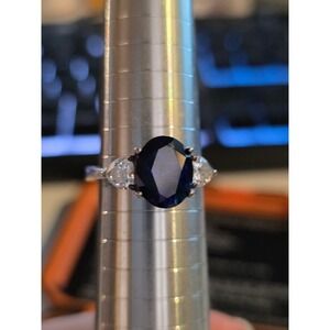 925 Sterling Silver Oval Lab Blue Sapphire Ring Size 9.75 CZ Diamond Accents